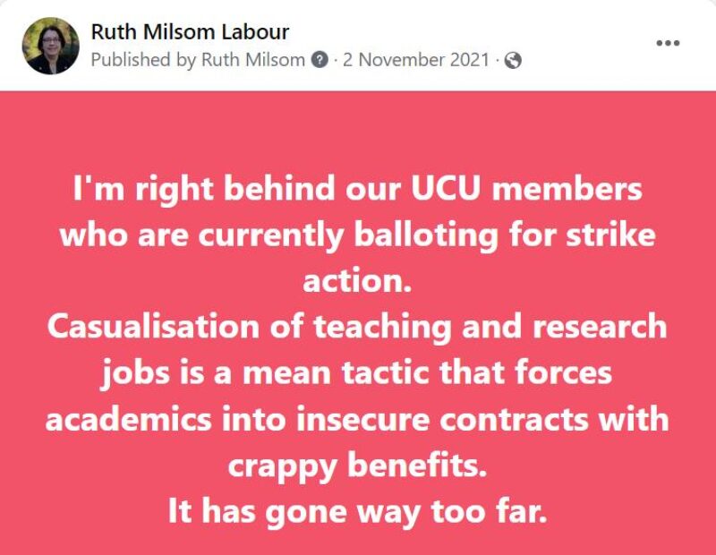Ruth Milsom supports UCU members voting for strike action over pay, pensions, inequalities and conditions.