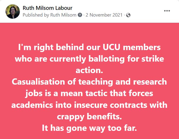 Ruth Milsom supports UCU members voting for strike action over pay, pensions, inequalities and conditions.