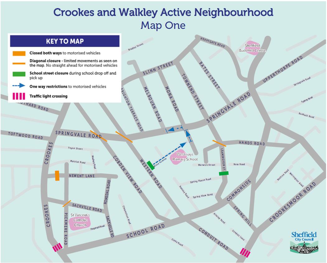 Map of Crookes Active Neighbourhood measures, updated October 2022