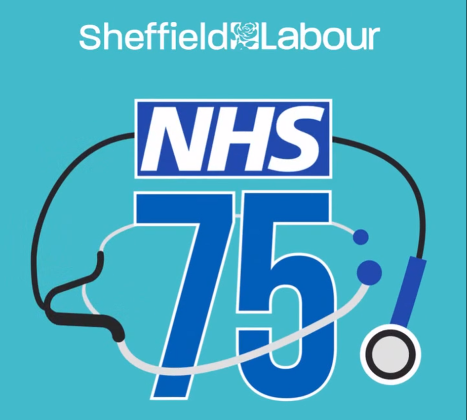 A logo showing the words Sheffield Labour and NHS 75, with an image of a stethoscope